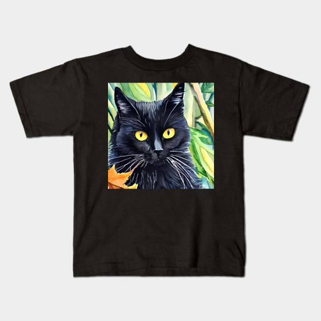 Beautiful black cat in the woods watercolor. Kids T-Shirt by karma-stuff